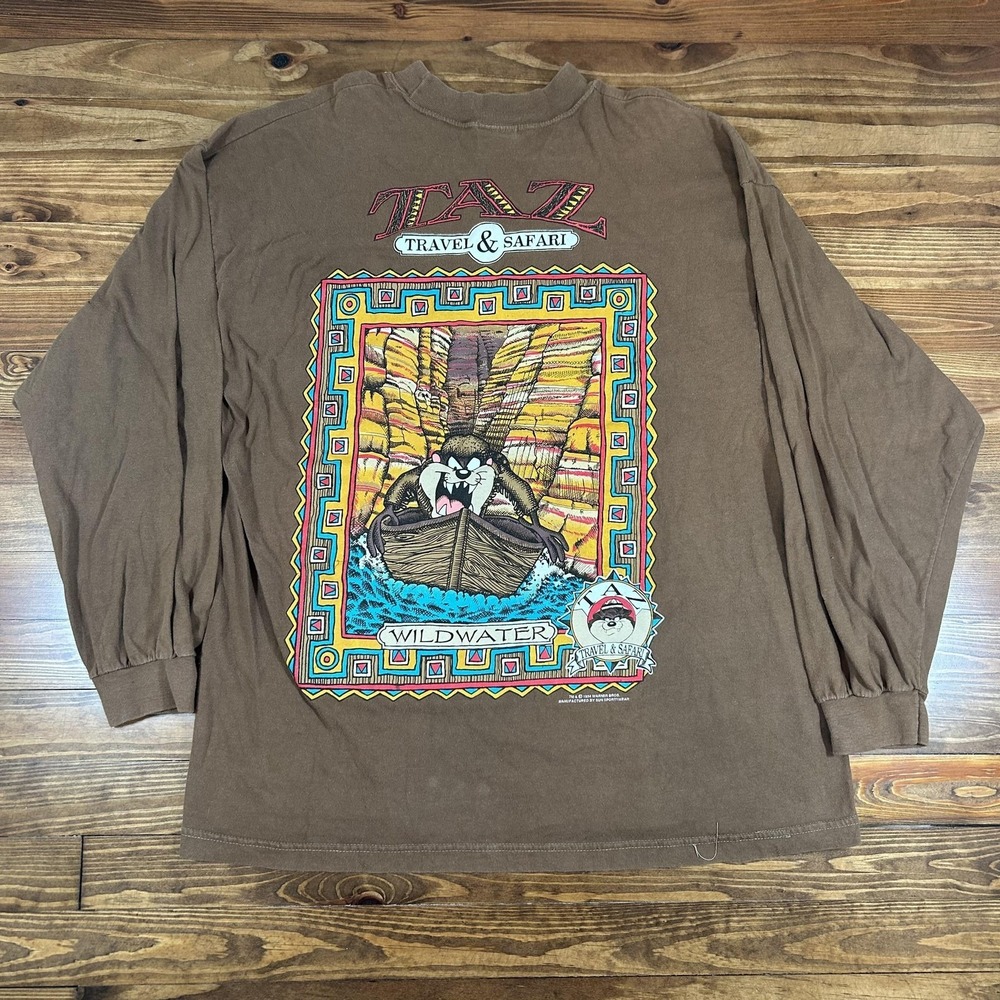 Vintage 90s Taz Looney Tunes Long Sleeve T-Shirt Mens Large Brown Graphic Safari